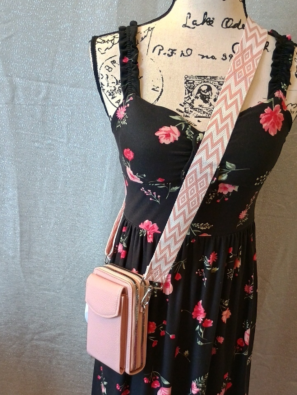 Pink Litchi Faux Leather Crossbody Bag With Woven Adjustable Shoulder Strap